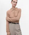 Mango Openwork Knitted Polo-neck Sweater Medium Brown In Brown