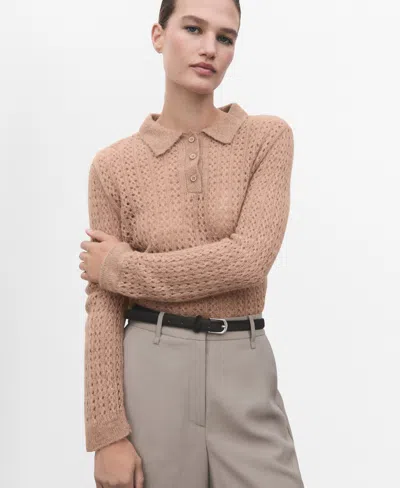 Mango Women's Openwork Knitted Polo-neck Sweater In Medium Brown