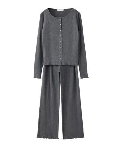 Mango Lettuce Edge Rib Cotton Pajama Pants In Gray