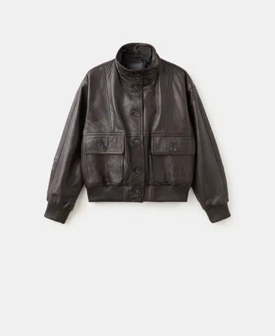 Mango High-neck Leather Biker Jacket In Brown