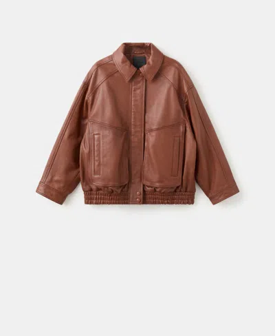 Mango Oversized Leather Jacket Cognac In Brown