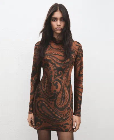 Mango Paisley Long Sleeve Satin Dress In Multi