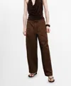 Mango Paperbag Wide Leg Cotton Poplin Pants In Brown