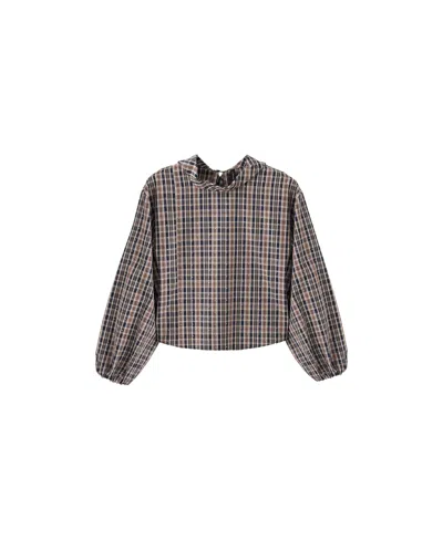 Mango Women's Plaid Puff-sleeve Rhinestone Blouse In Brown