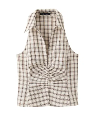 Mango Women's Plaid Ruched V-neck Blouse In Brown