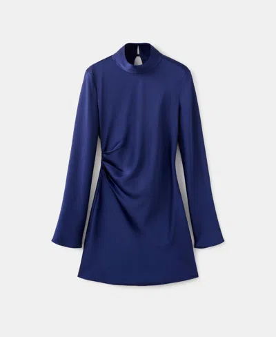 Mango Pleated Long Sleeve Satin Dress In Blue