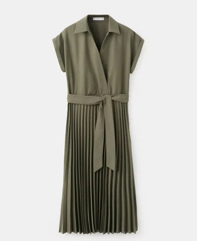 Mango Pleated Shirt Dress Khaki In Gray
