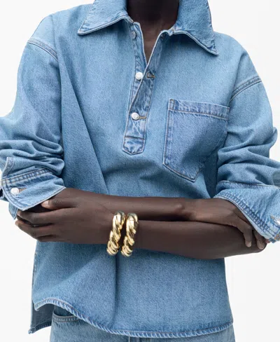 Mango Denim Popover Top In Medium Blue