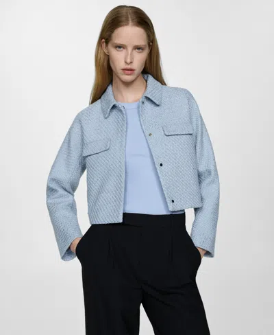 Mango Veste Crop Tweed Poches In Bleu Ciel