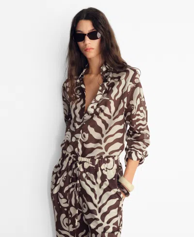 Mango Abstract Botanical Print Long Sleeve Shirt In Brown