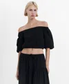 Mango Puffed Off The Shoulder Crop Top In Black