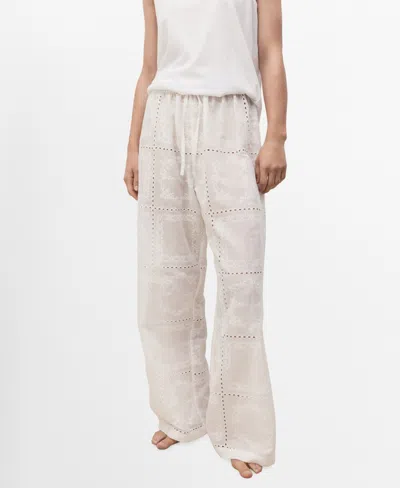 Mango Women's Ramie Embroidered Pants In White