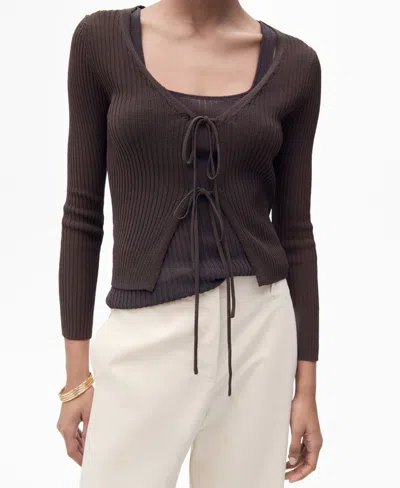 Mango Rib Tie Front Cotton Blend Cardigan In Brown
