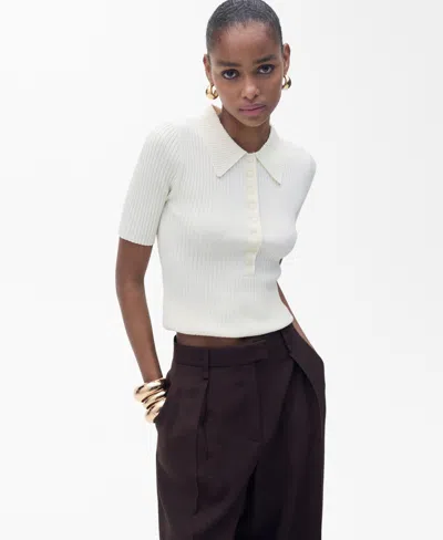 Mango Short Sleeve Rib Polo Sweater In Ecru