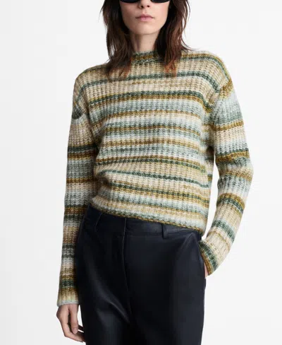Mango Women's Round Neck Striped Sweater In Dark Green