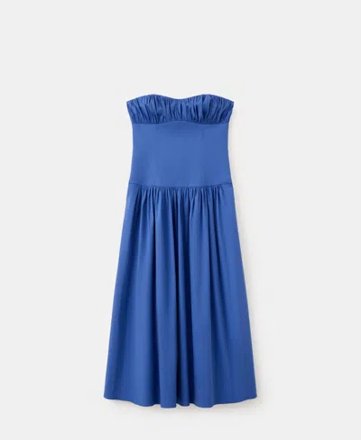 Mango Featuring Hailey Bieber Ruched Bodice Strapless Cotton Blend Dress In Blue