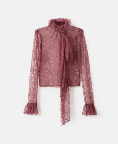 Mango Ruffle Tie Neck Lace Top In Burgundy