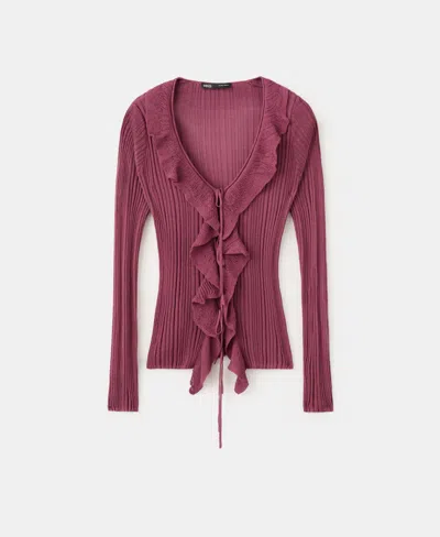 Mango Ruffle Rib Tie Front Cardigan In Pink