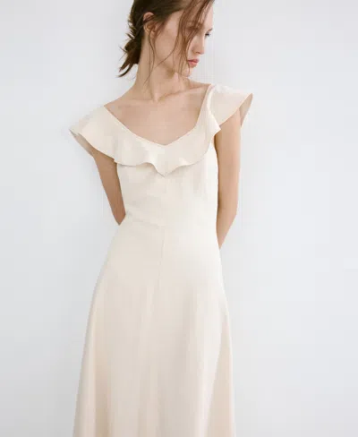 Mango Ruffle Linen Blend Midi Dress In Nude