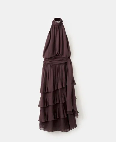 Mango Featuring Hailey Bieber High Neck Backless Ruffle Maxi Dress In Brown