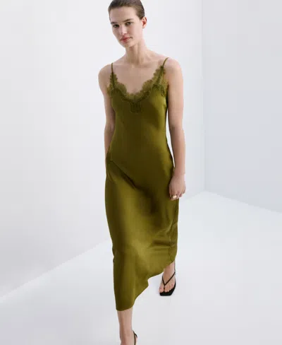 Mango Lace Trim Satin Midi Slipdress In Green