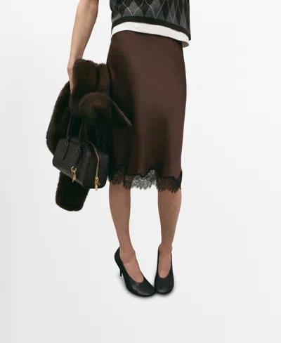 Mango Lace Trim Satin Midi Skirt In Brown