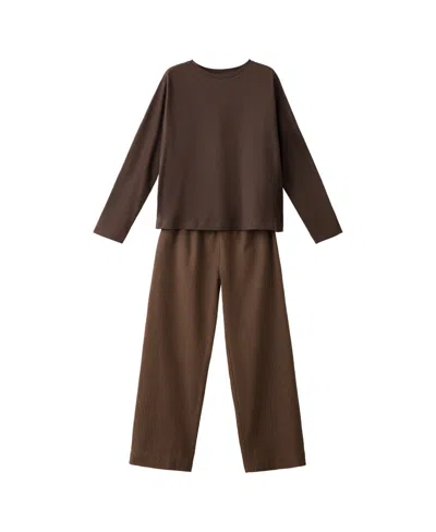Mango Women's Seersucker Striped Long-sleeve Pajama Set In Brown