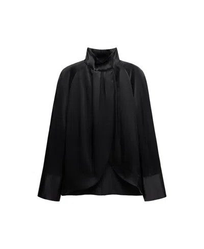 Mango Women's Selection Mock Neck Long Sleeves With Slit At Cuffs Silk Blouse In Black