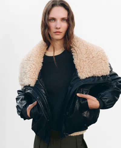 Mango Women's Shearling Collar Leather-effect Jacket In Black