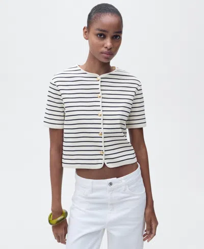 Mango Women's Short Sleeve Striped Cardigan Sweater In Dark Navy