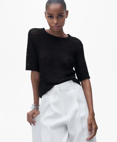 Mango Women's Short-sleeved Openwork Knitted Sweater In Black