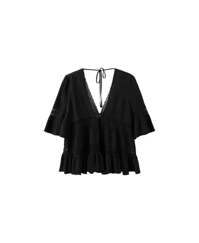Mango Women's Short-sleeve Lace-trim V-neck Blouse In Black