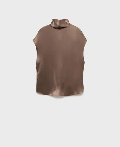 Mango 100% Silk Satin Turtleneck Blouse Medium Brown