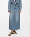 Mango Raw Hem Denim Maxi Skirt In Medium Blue