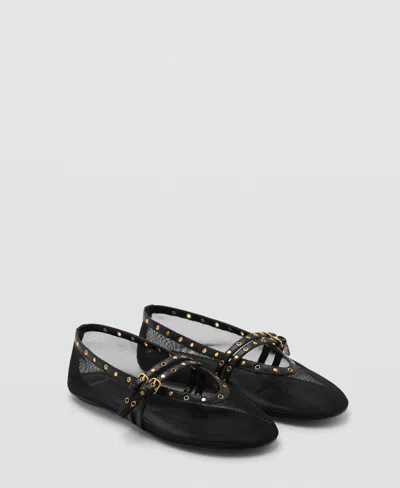 MANGO WOMEN'S STRAP AND BUCKLE DETAIL MESH BALLET FLATS