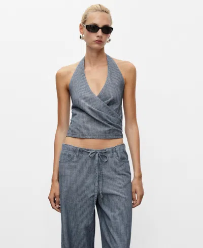 MANGO WOMEN'S STRIPED CROSSOVER DENIM TOP