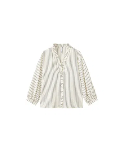 Mango Women's Striped Ruffle-detail V-neck Long-sleeve Blouse In Ecru
