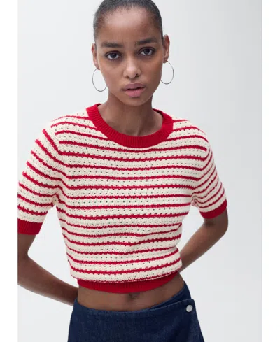 Mango Women's Striped Short Sleeve Crochet Sweater