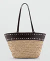 Mango Studded Raffia Shopper Bag In Orange