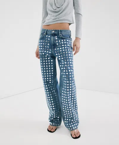 Mango Studded Straight Leg Jeans In Blue