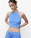 Mango Cotton Terry Crop Halter Top In Blue