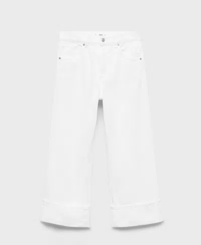 Mango Women's Turned-up Hem Wide-leg Cropped Jeans In White