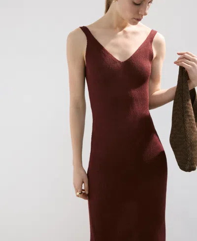 Mango V-neck Knit Midi Dress In Burgundy