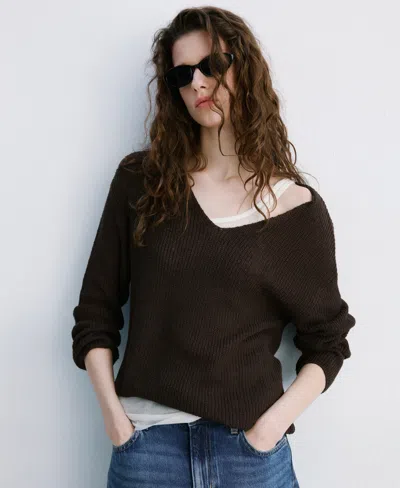 Mango Women's V-neck Lace Pattern Knitted Sweater In Brown