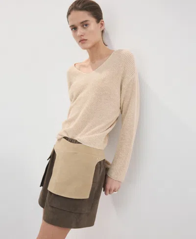 Mango Women's V-neck Lace Pattern Knitted Sweater In Neutral