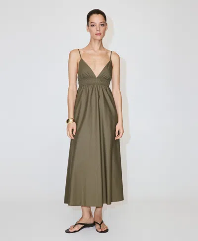 Mango V-neck Shirred Lyocell Blend Dress In Multi