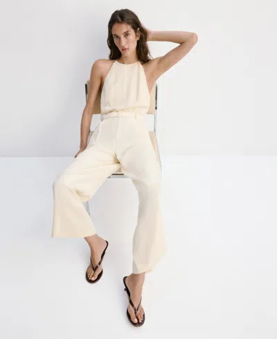 Mango Women's Wide-leg Sleeveless Belt Detail Halter Jumpsuit In Ecru