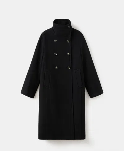 Mango Double Breasted Stand Collar Coat In Black