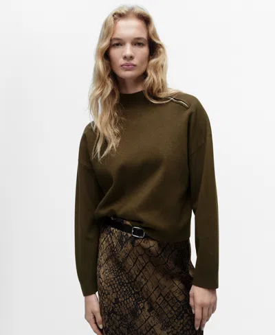 Mango Women's Zipper Detail Perkins Neck Sweater In Khaki