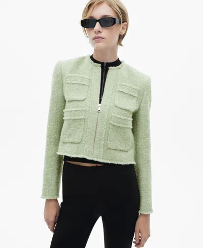 Mango Zip-up Tweed Jacket In Pastel Green